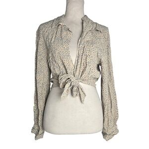 Vtg 90s y2k Marabou Whimsigoth Floral Print Feminine Long Sleeve Crop Tie Top